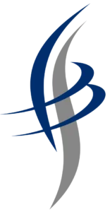 Abstract logo with blue and gray curved shapes forming a stylized design